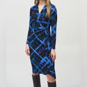 NWT Joseph Ribkoff Blue & Black Abstract Print Long Sleeve Sheath Dress Size 6
